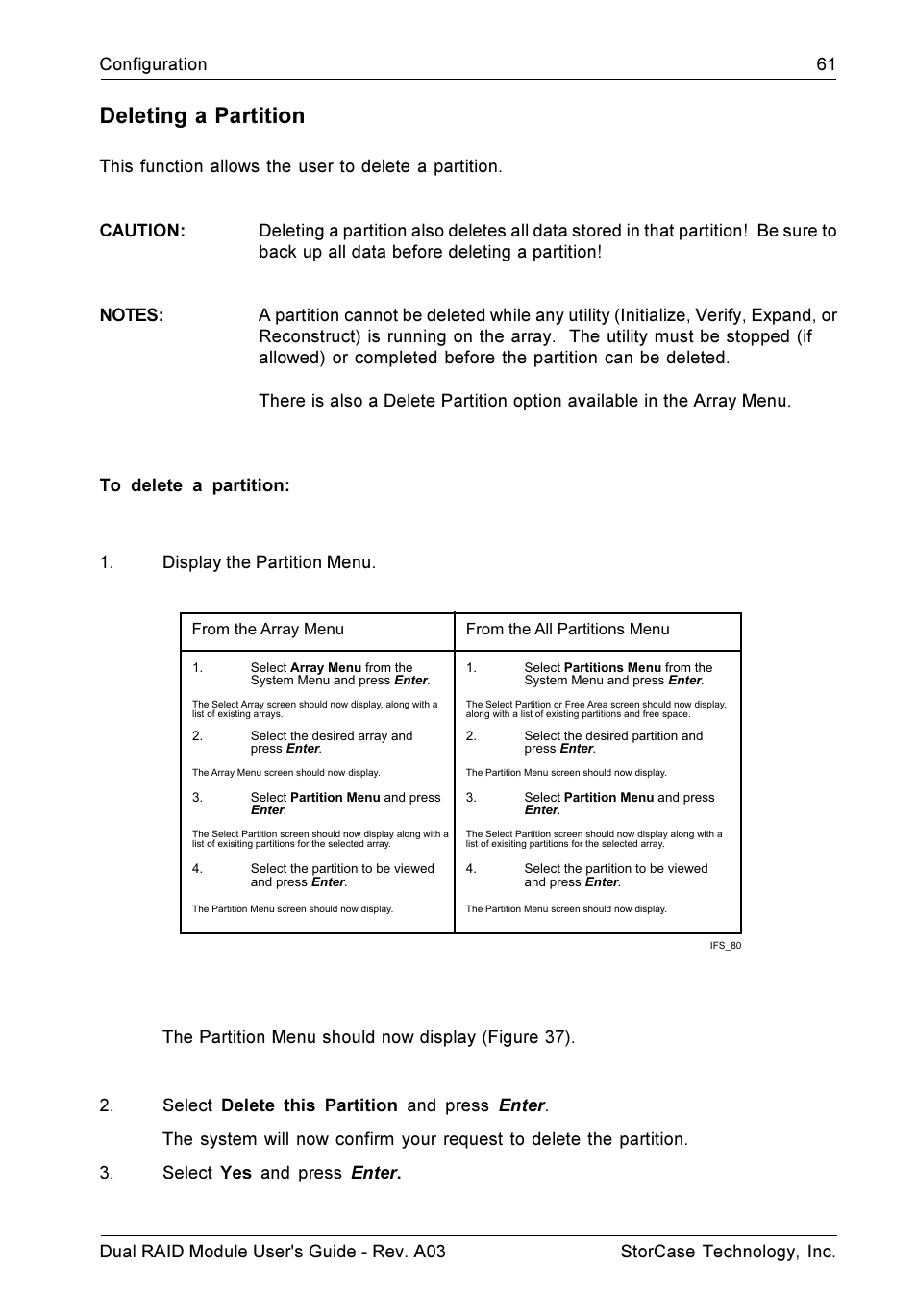 Deleting a partition | StorCase Technology CSI-to-SCSI Single & Dual RAID User Manual | Page 74 / 171