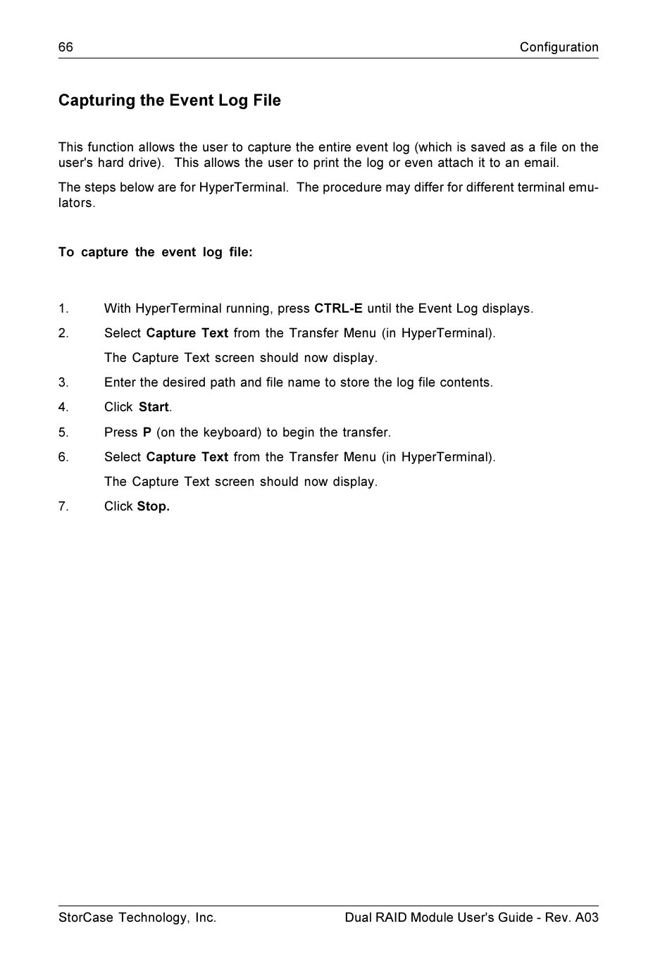 Capturing the event log file | StorCase Technology CSI-to-SCSI Single & Dual RAID User Manual | Page 79 / 171