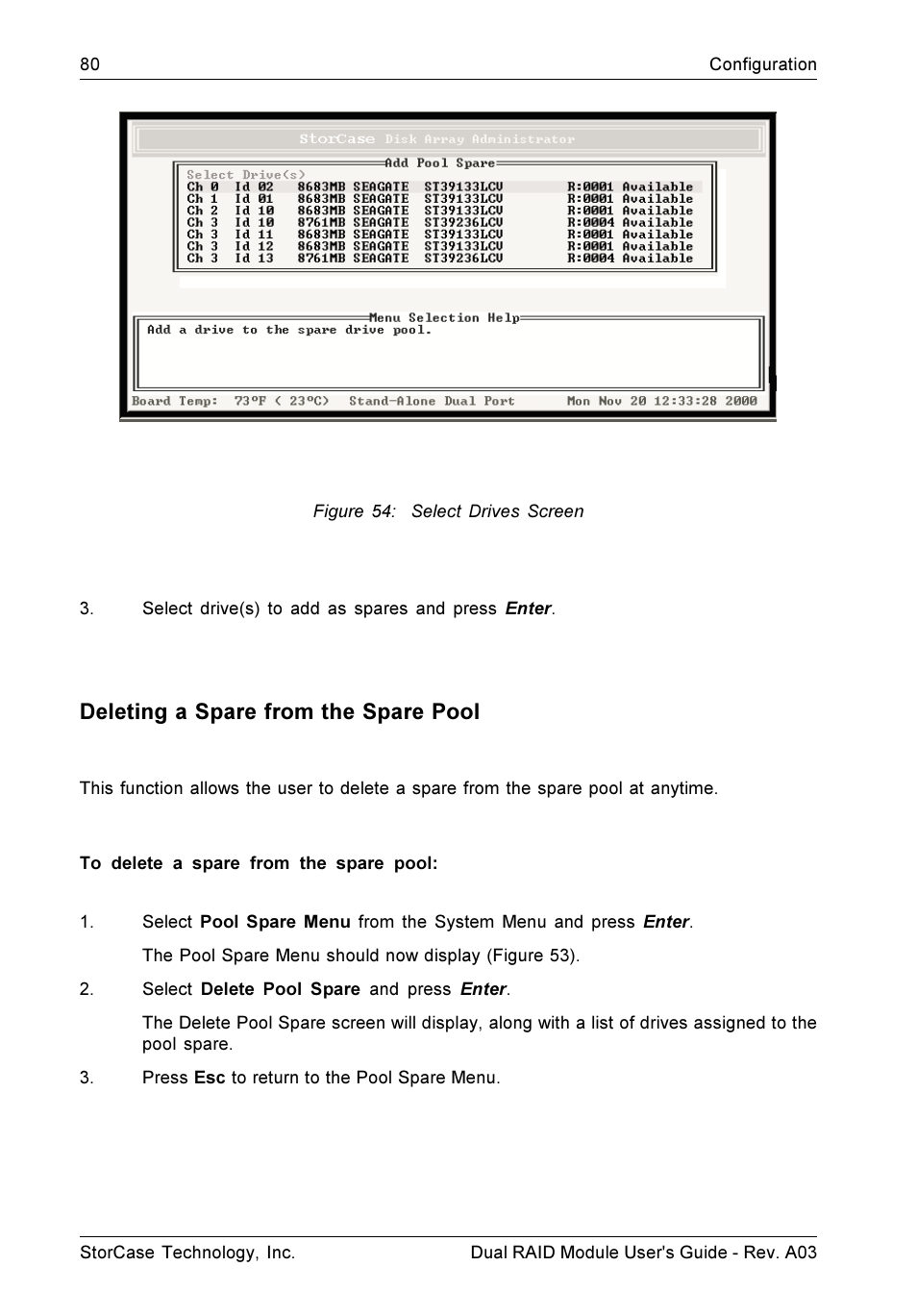 Deleting a spare from the spare pool | StorCase Technology CSI-to-SCSI Single & Dual RAID User Manual | Page 93 / 171