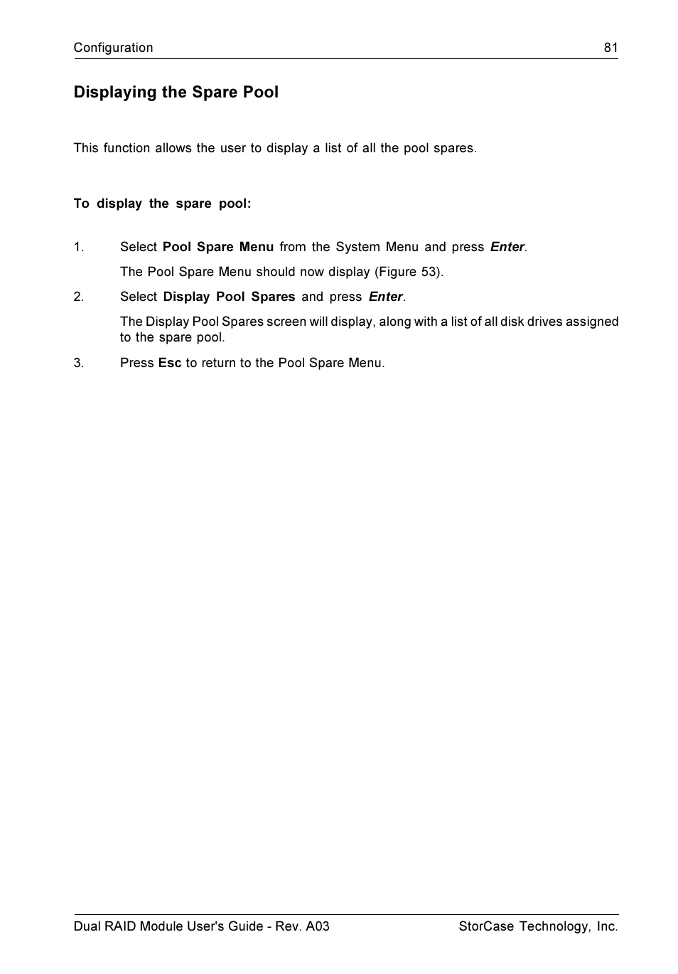 Displaying the spare pool | StorCase Technology CSI-to-SCSI Single & Dual RAID User Manual | Page 94 / 171