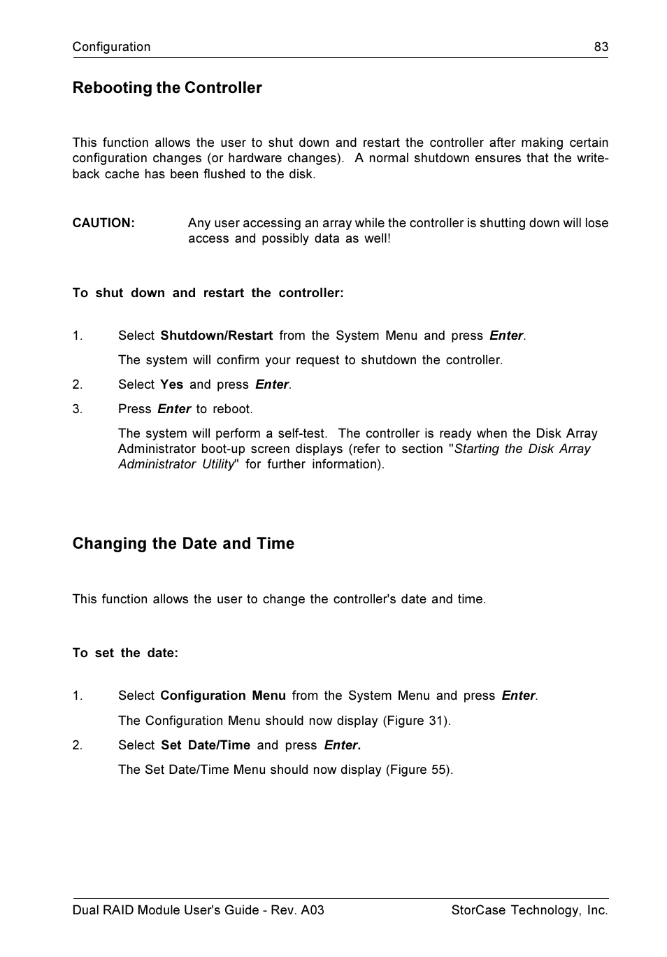 Rebooting the controller, Changing the date and time | StorCase Technology CSI-to-SCSI Single & Dual RAID User Manual | Page 96 / 171