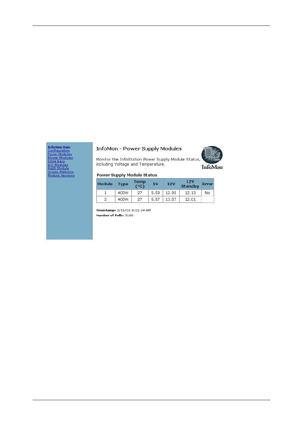 Power supply module status screen | StorCase Technology InfoMon User Manual | Page 31 / 50