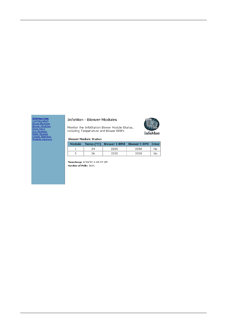 Blower module status screen | StorCase Technology InfoMon User Manual | Page 32 / 50