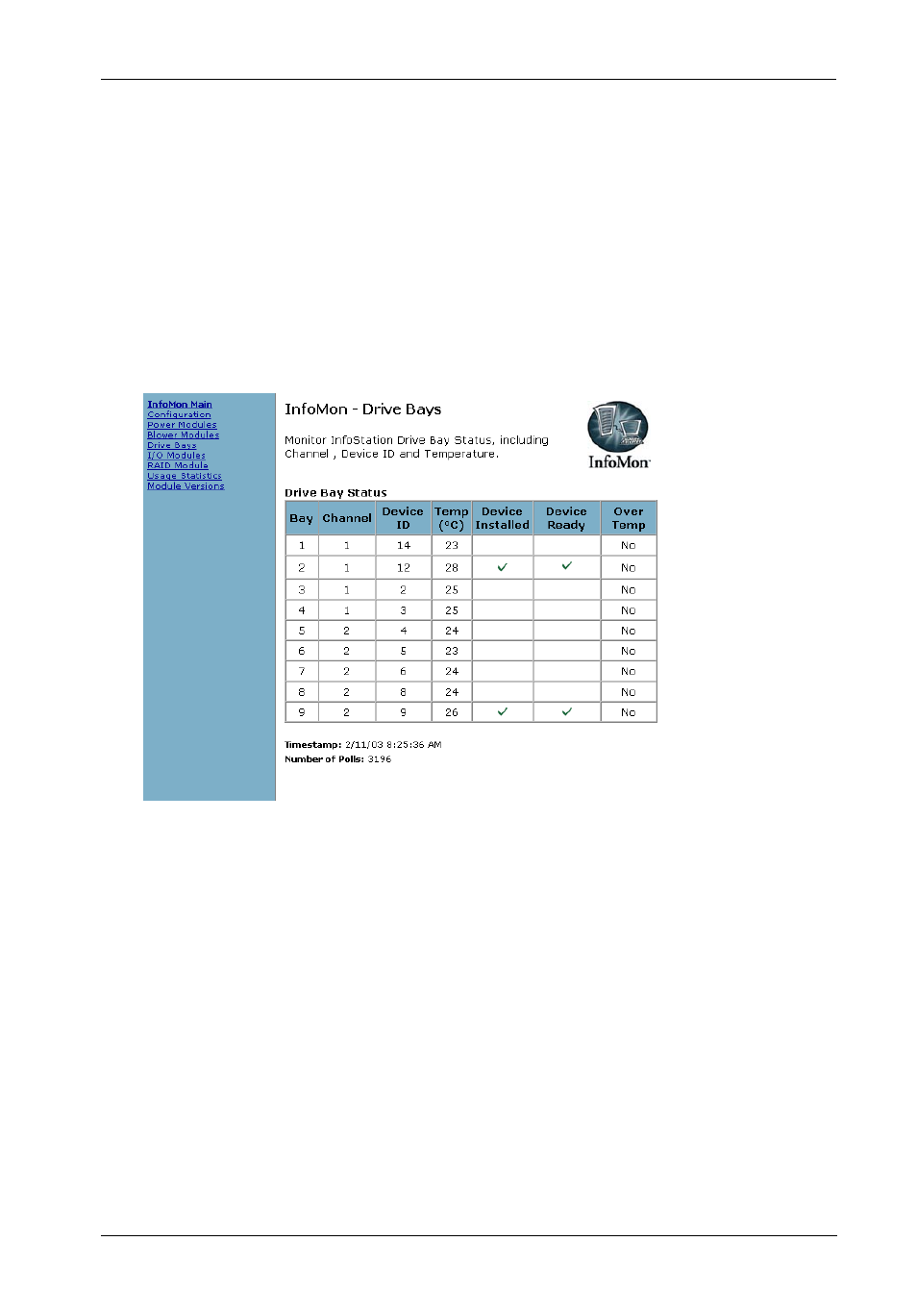 Drive bay status screen | StorCase Technology InfoMon User Manual | Page 33 / 50