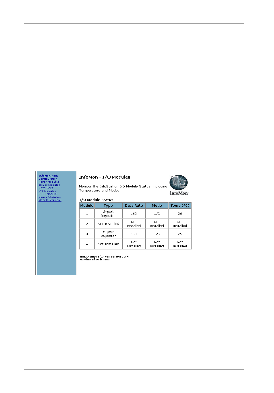 I/o module status screen | StorCase Technology InfoMon User Manual | Page 34 / 50
