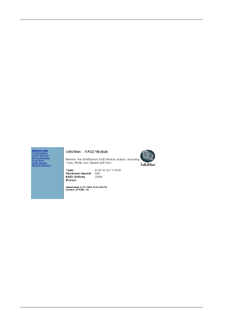 Raid module status screen | StorCase Technology InfoMon User Manual | Page 36 / 50