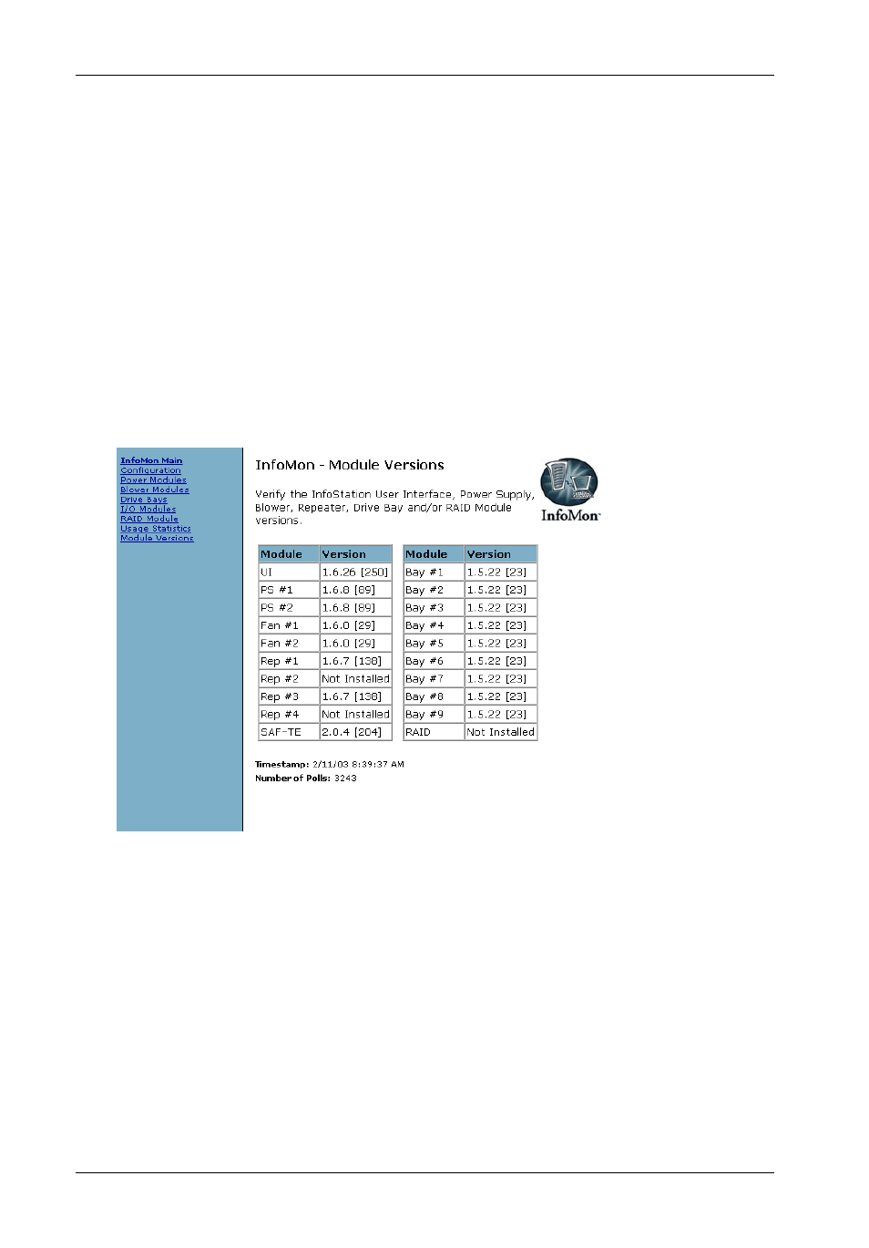 Module versions screen | StorCase Technology InfoMon User Manual | Page 42 / 50