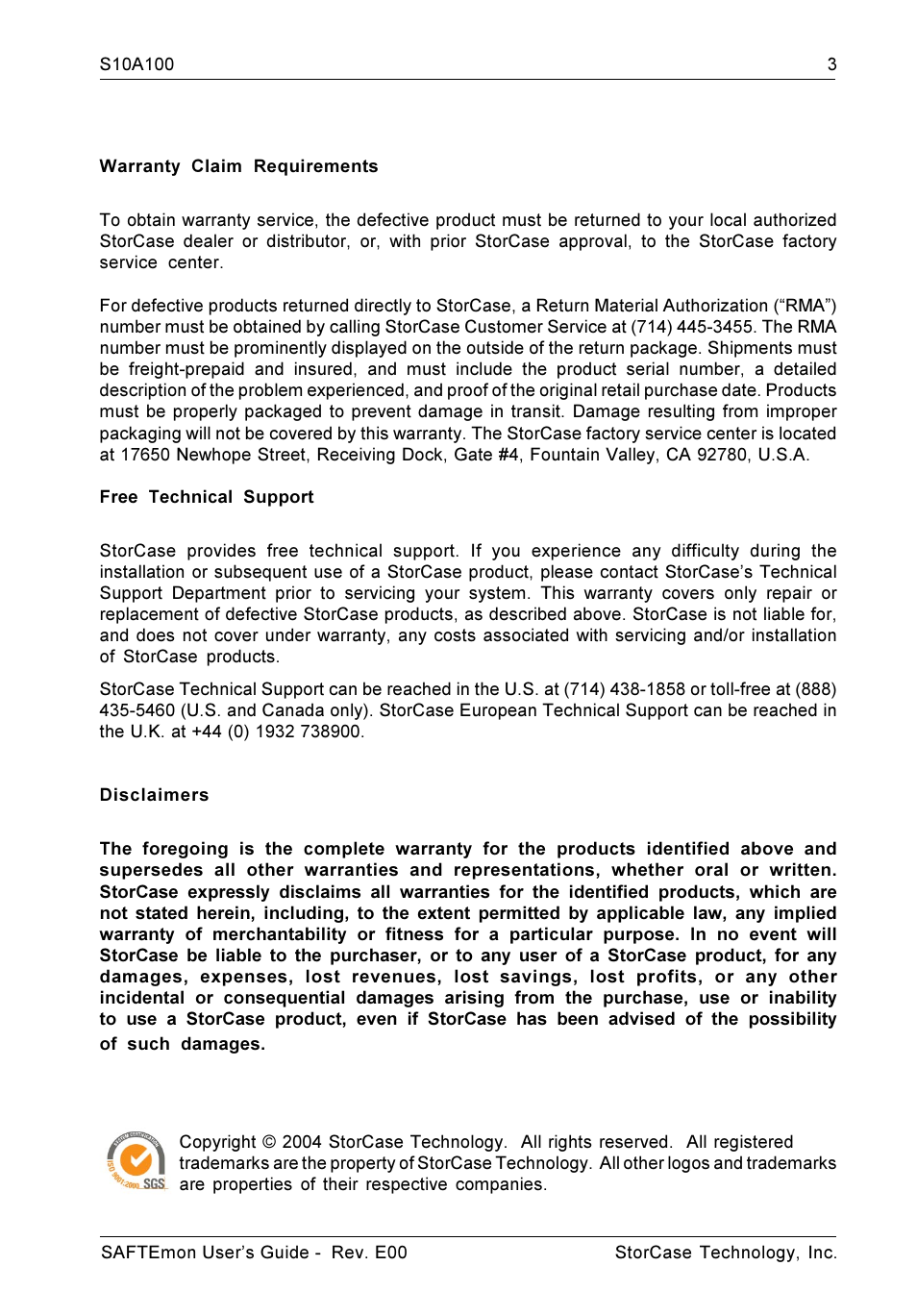 StorCase Technology S10A100 User Manual | Page 3 / 24