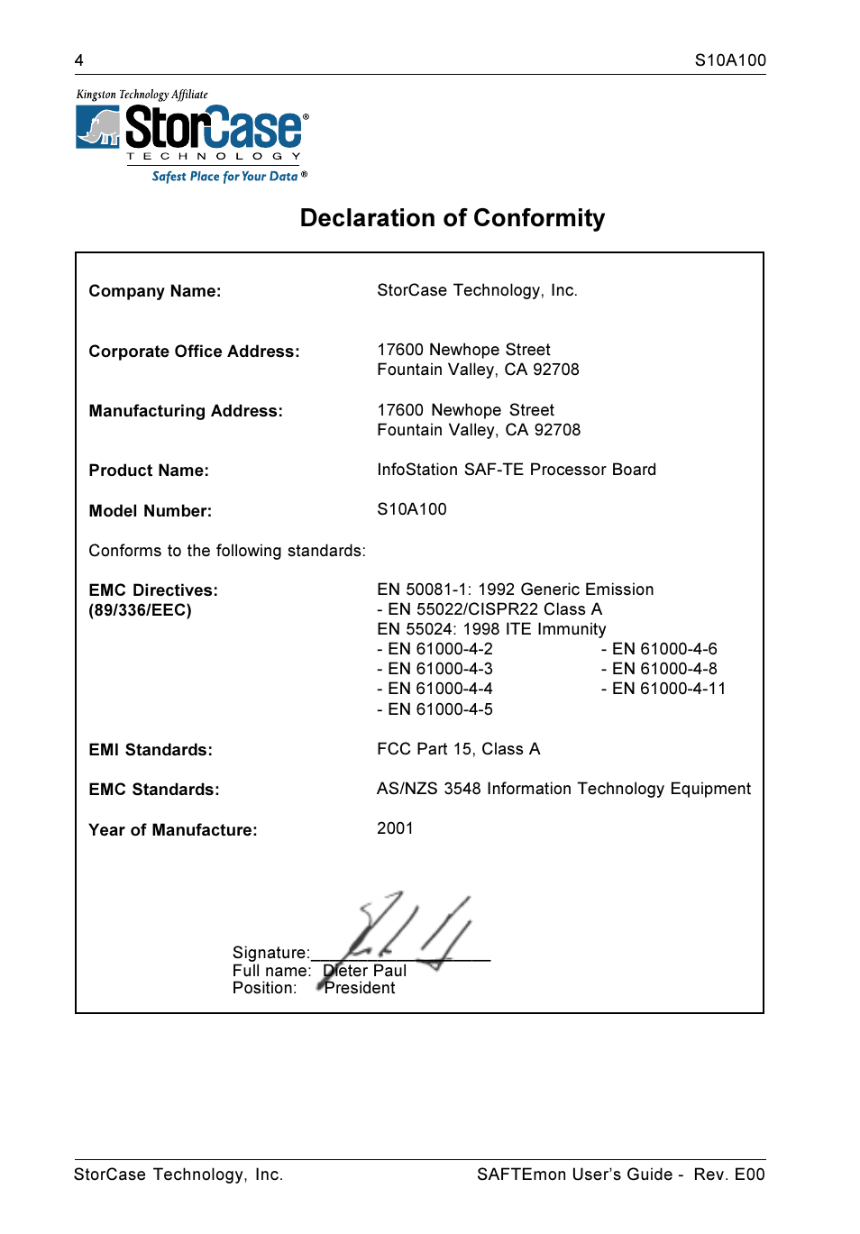 Declaration of conformity | StorCase Technology S10A100 User Manual | Page 4 / 24
