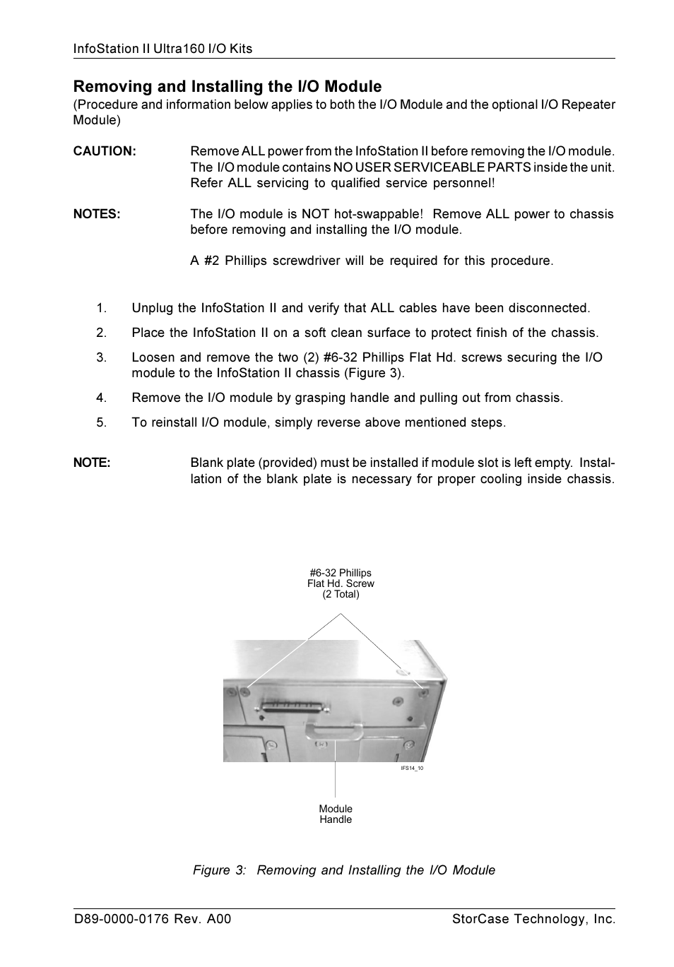 Removing and installing the i/o module | StorCase Technology Ultra160 I/O Kits User Manual | Page 3 / 8