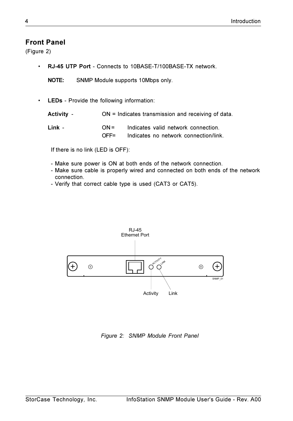Front panel | StorCase Technology SNMP Module User Manual | Page 11 / 17