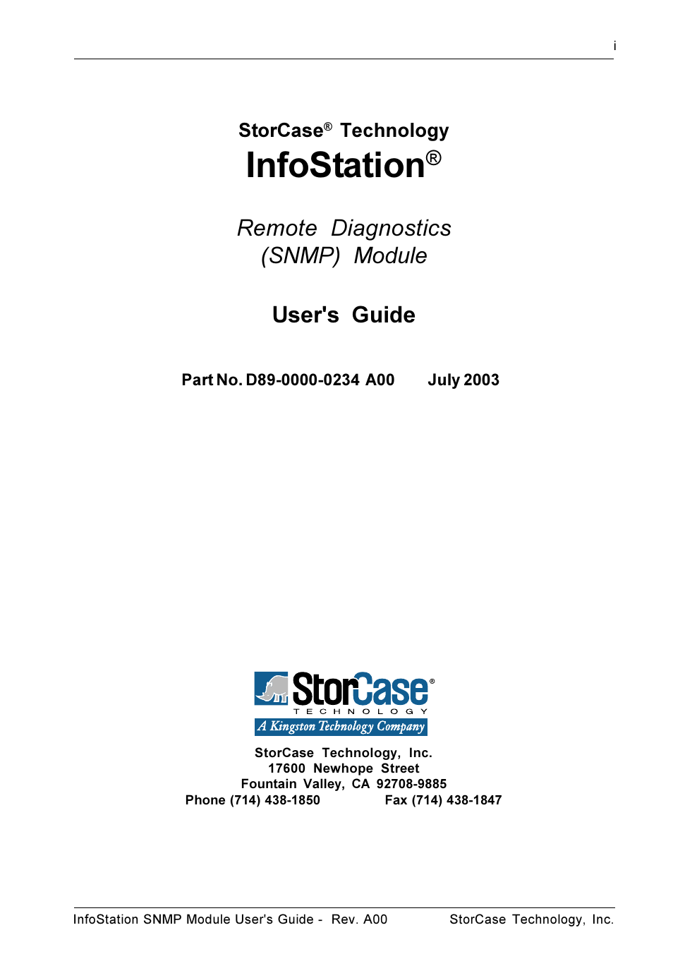 Infostation, Remote diagnostics (snmp) module user's guide | StorCase Technology SNMP Module User Manual | Page 2 / 17