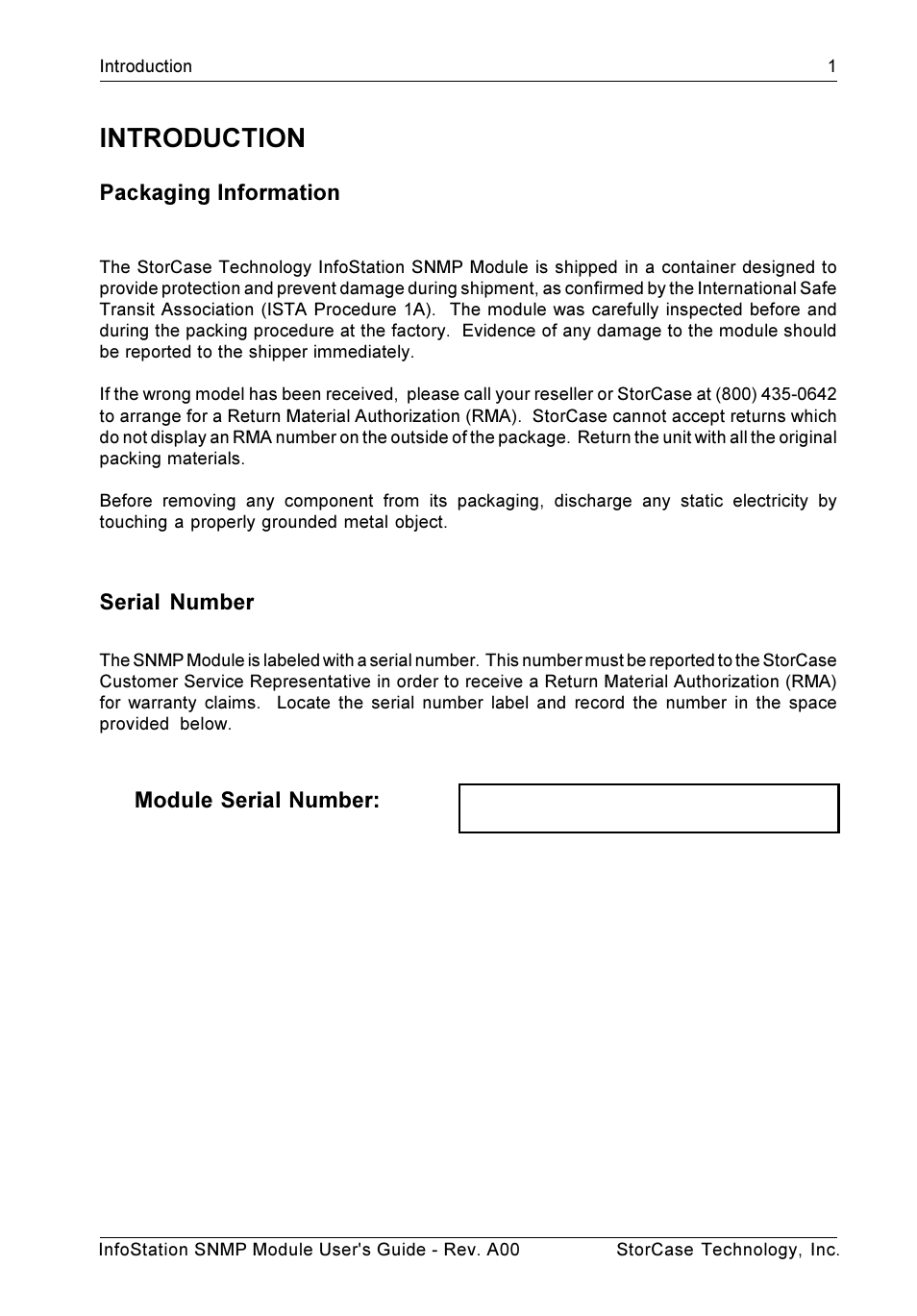 Introduction, Packaging information, Serial number | Module serial number | StorCase Technology SNMP Module User Manual | Page 8 / 17