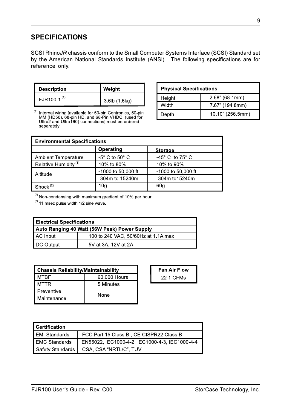 Specifications | StorCase Technology FJR100 User Manual | Page 10 / 12