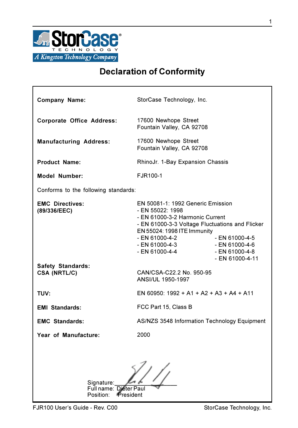 Declaration of conformity | StorCase Technology FJR100 User Manual | Page 2 / 12