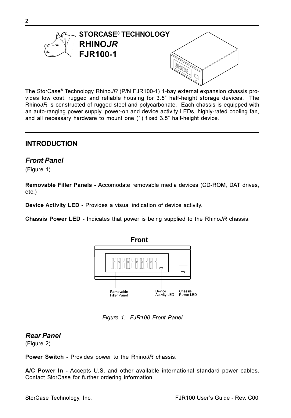 Rhino jr fjr100-1, Storcase, Technology | Front introduction front panel, Rear panel | StorCase Technology FJR100 User Manual | Page 3 / 12