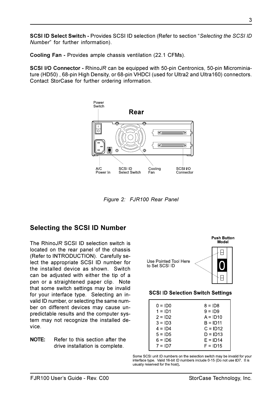 Rear, Selecting the scsi id number | StorCase Technology FJR100 User Manual | Page 4 / 12