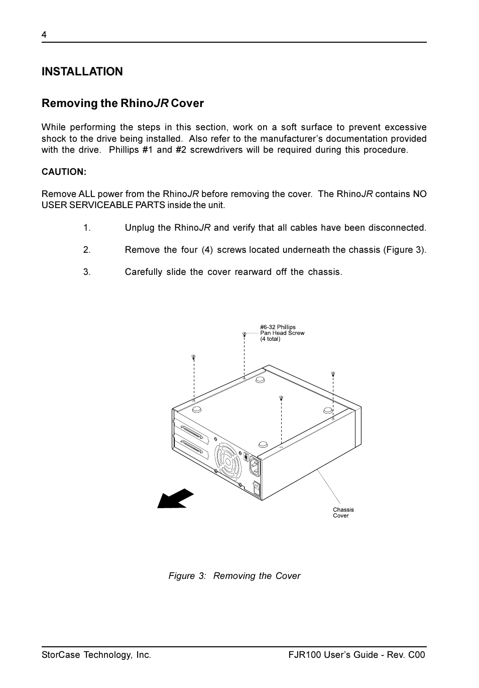 Installation removing the rhino jr cover | StorCase Technology FJR100 User Manual | Page 5 / 12