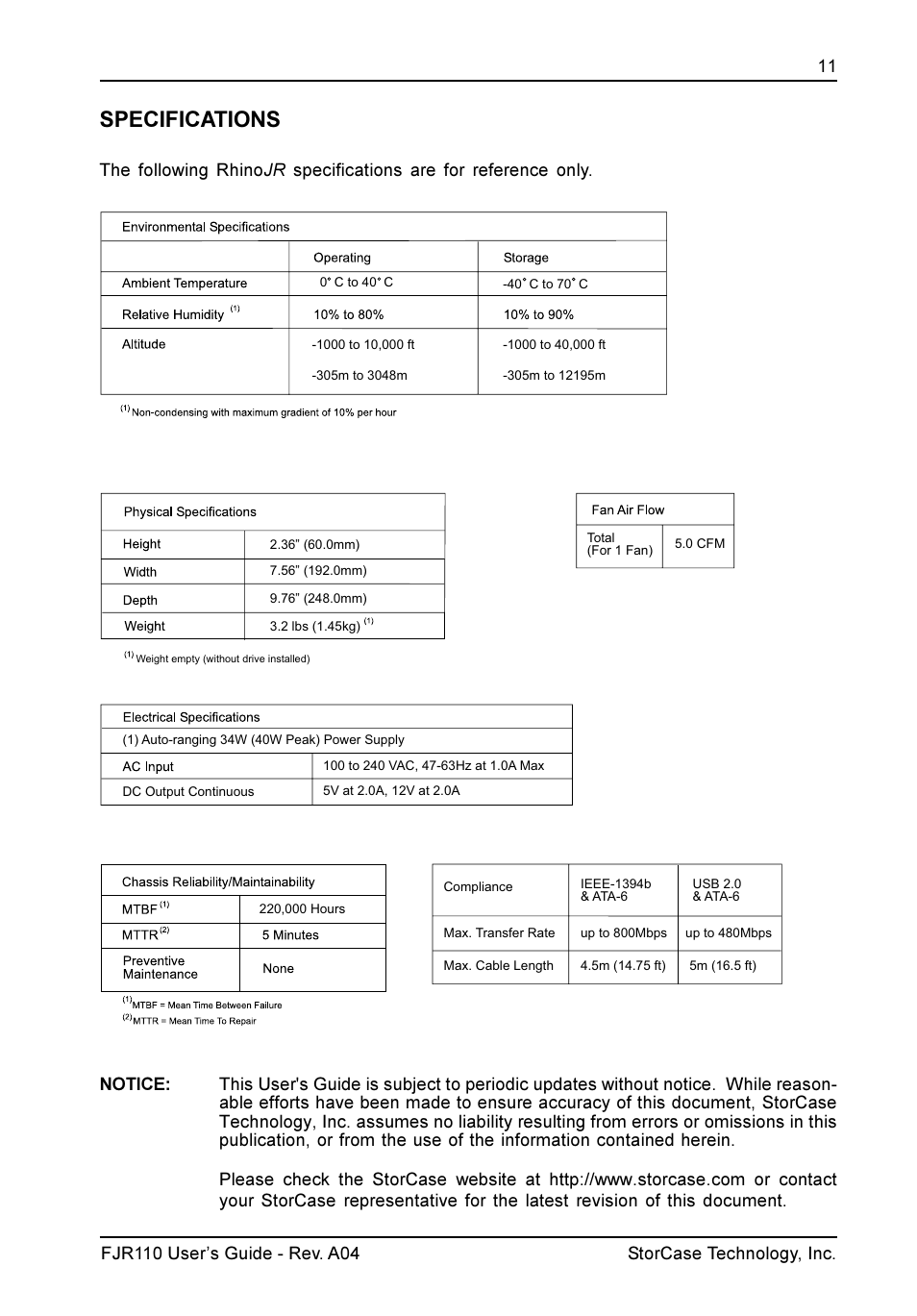 Specifications | StorCase Technology FJR110 User Manual | Page 12 / 12