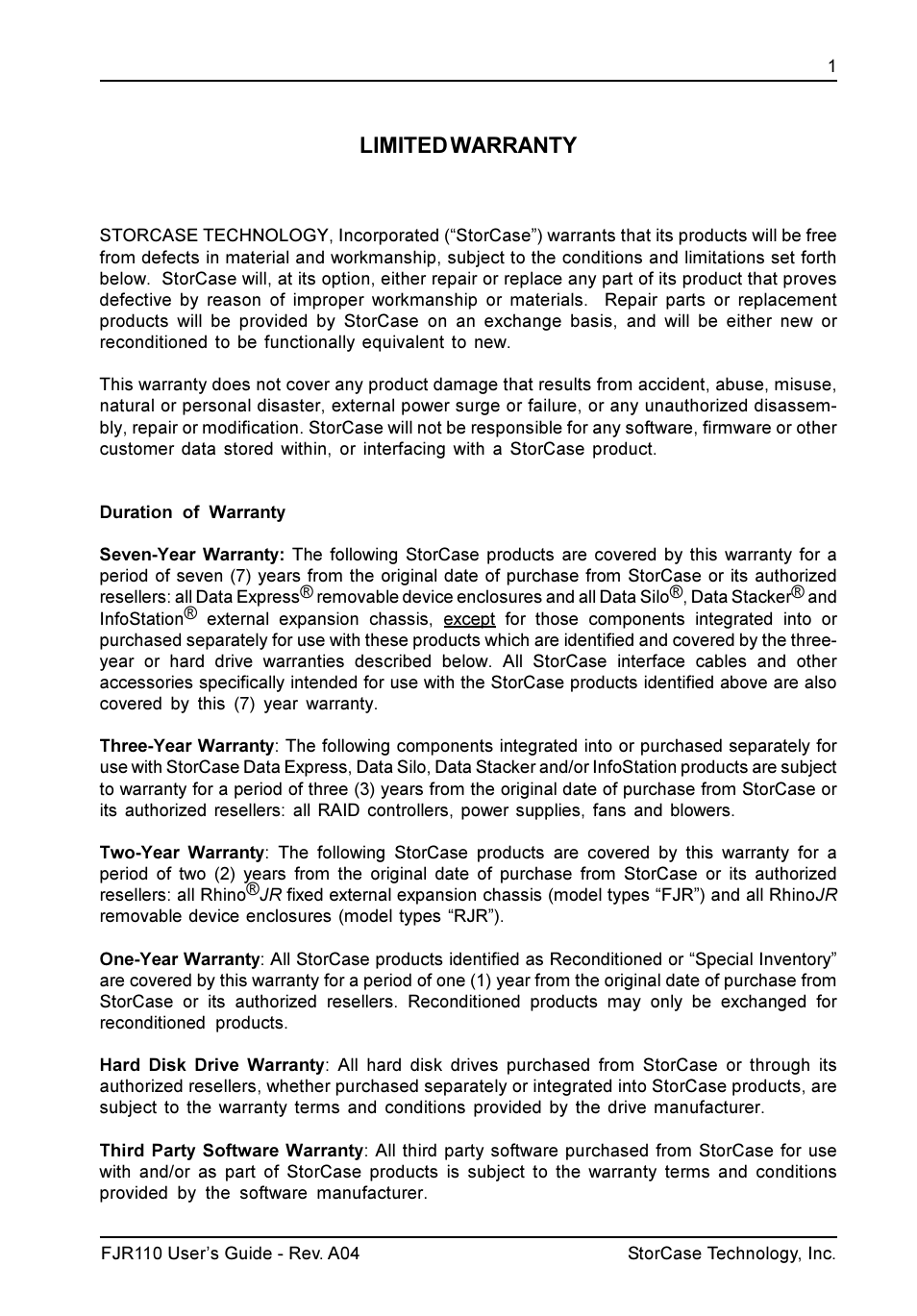 Limited warranty | StorCase Technology FJR110 User Manual | Page 2 / 12