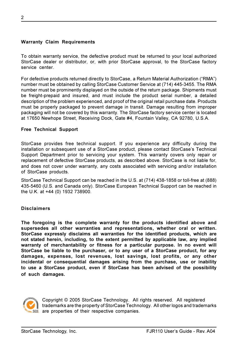 StorCase Technology FJR110 User Manual | Page 3 / 12