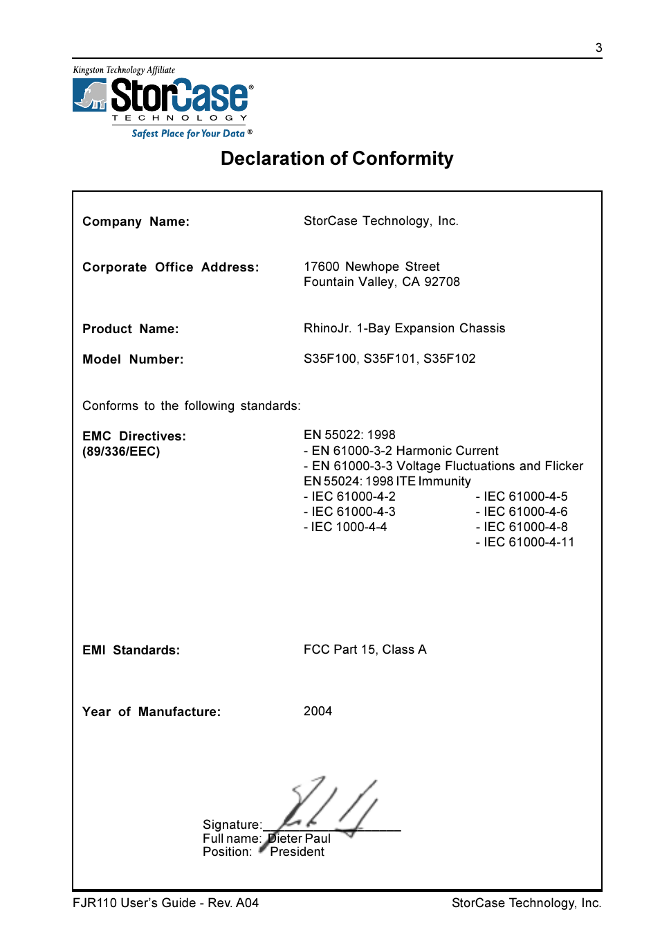 Declaration of conformity | StorCase Technology FJR110 User Manual | Page 4 / 12