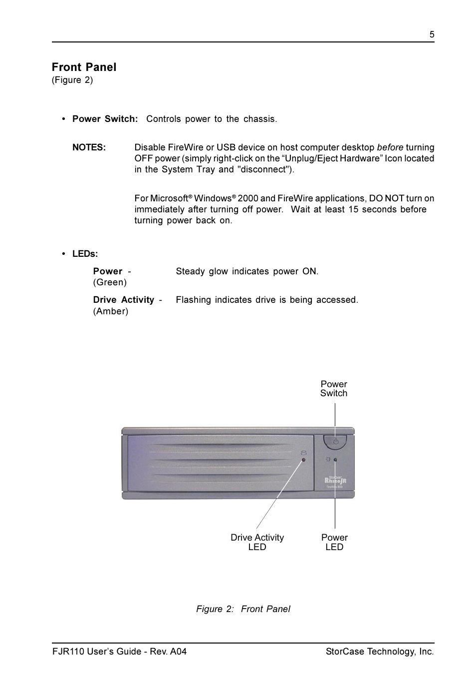 Front panel | StorCase Technology FJR110 User Manual | Page 6 / 12
