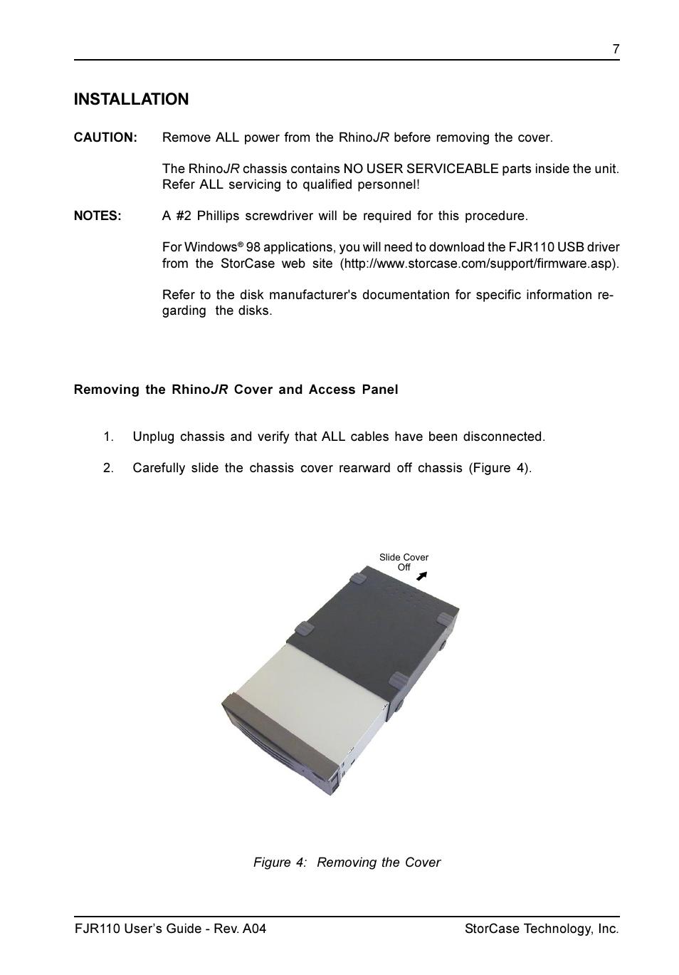 Installation | StorCase Technology FJR110 User Manual | Page 8 / 12