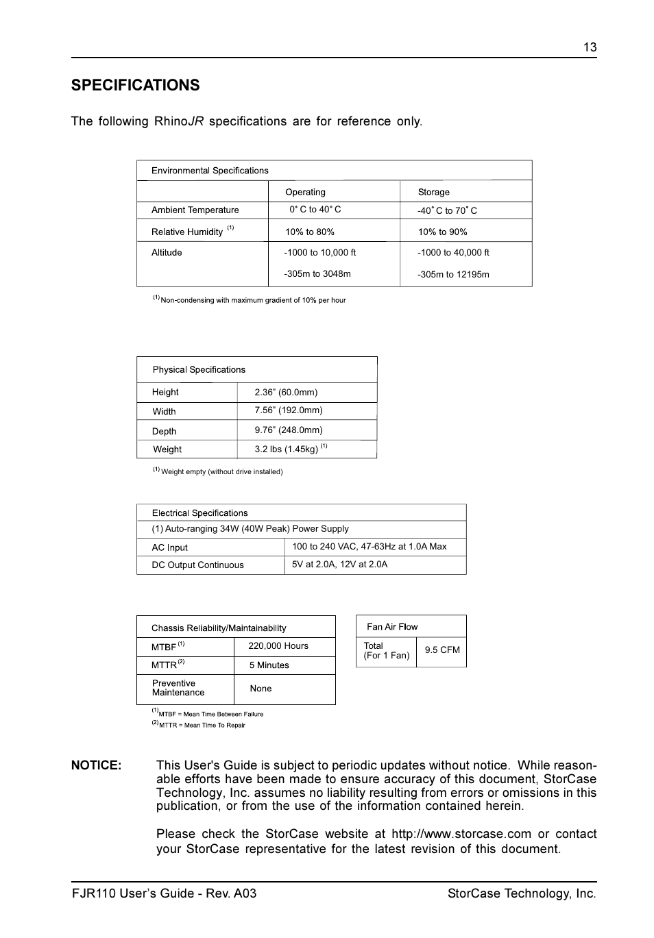 Specifications | StorCase Technology FJR110 User Manual | Page 14 / 14