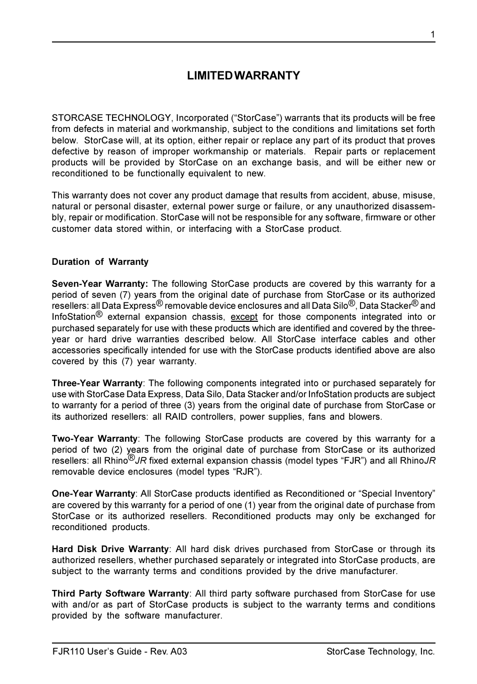 Limited warranty | StorCase Technology FJR110 User Manual | Page 2 / 14