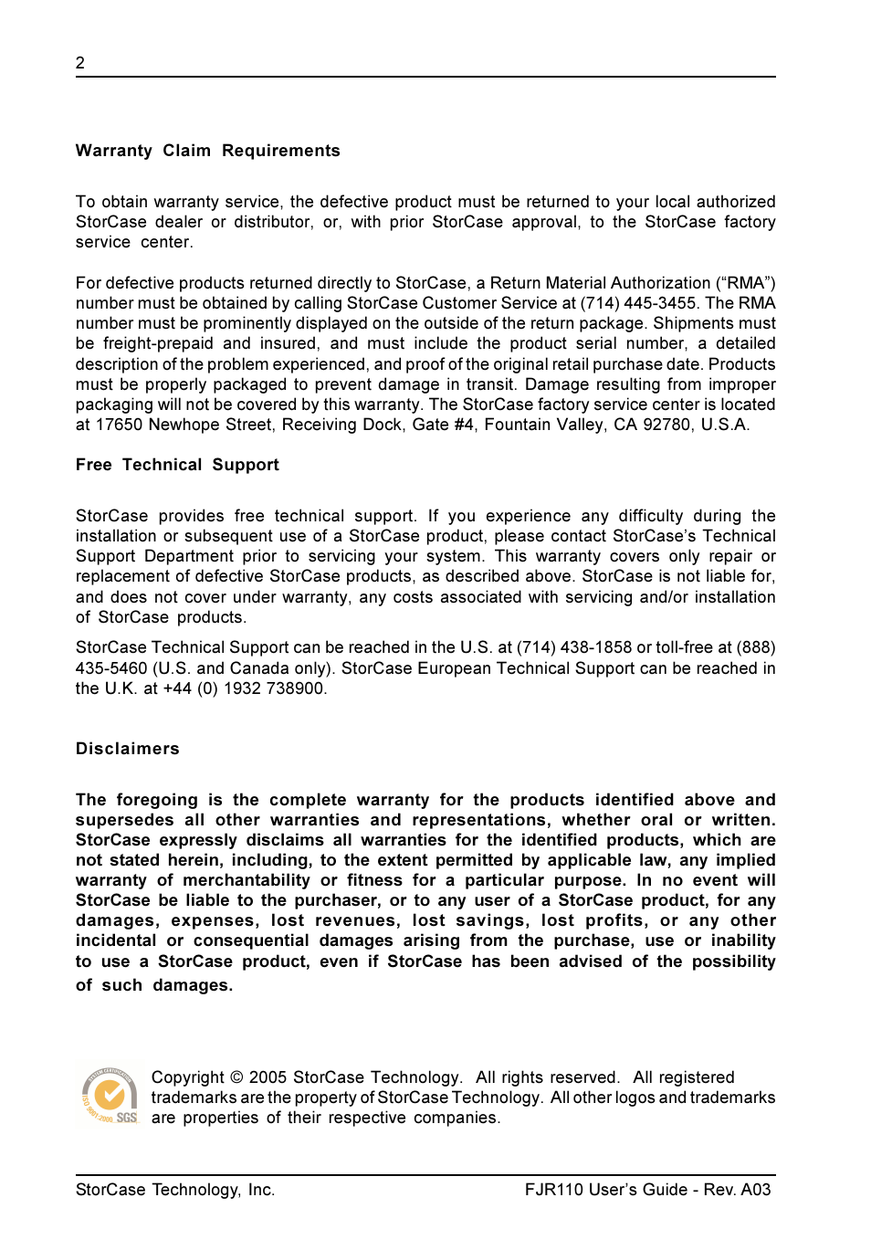 StorCase Technology FJR110 User Manual | Page 3 / 14