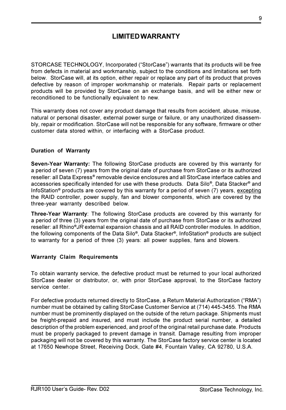 Limited warranty | StorCase Technology RJR100 User Manual | Page 10 / 11