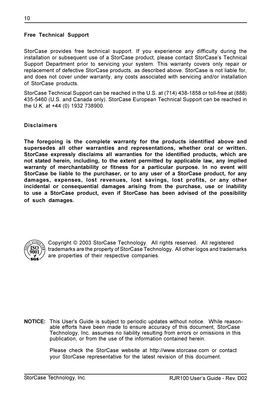 StorCase Technology RJR100 User Manual | Page 11 / 11