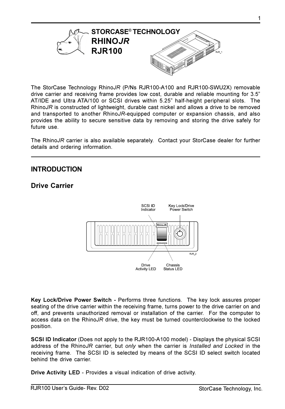 Rhino jr rjr100, Introduction drive carrier, Storcase | Technology | StorCase Technology RJR100 User Manual | Page 2 / 11