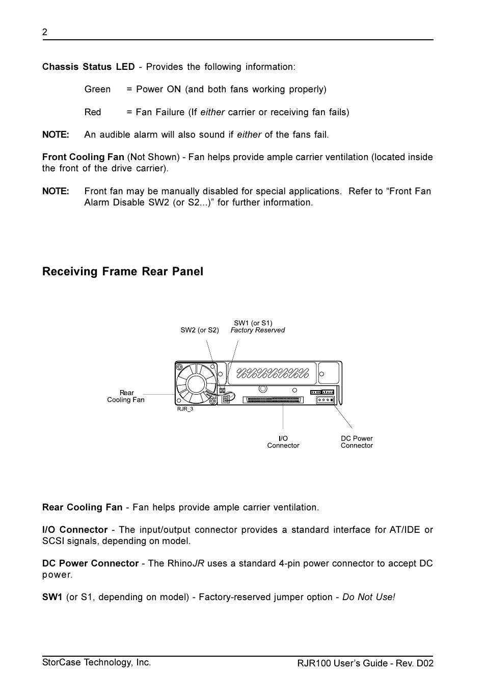 Receiving frame rear panel | StorCase Technology RJR100 User Manual | Page 3 / 11