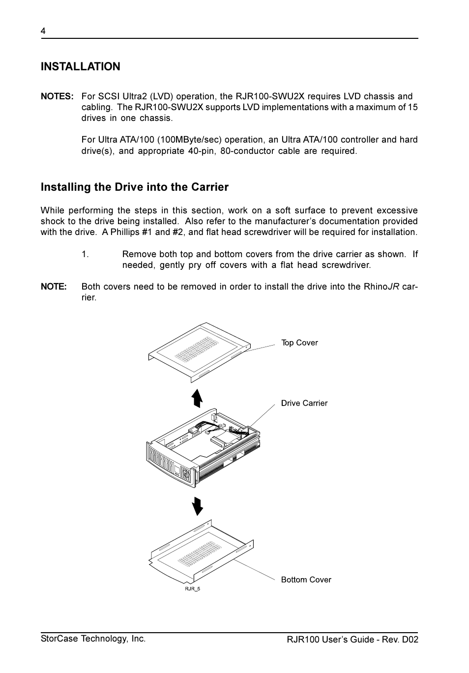 Installation, Installing the drive into the carrier | StorCase Technology RJR100 User Manual | Page 5 / 11