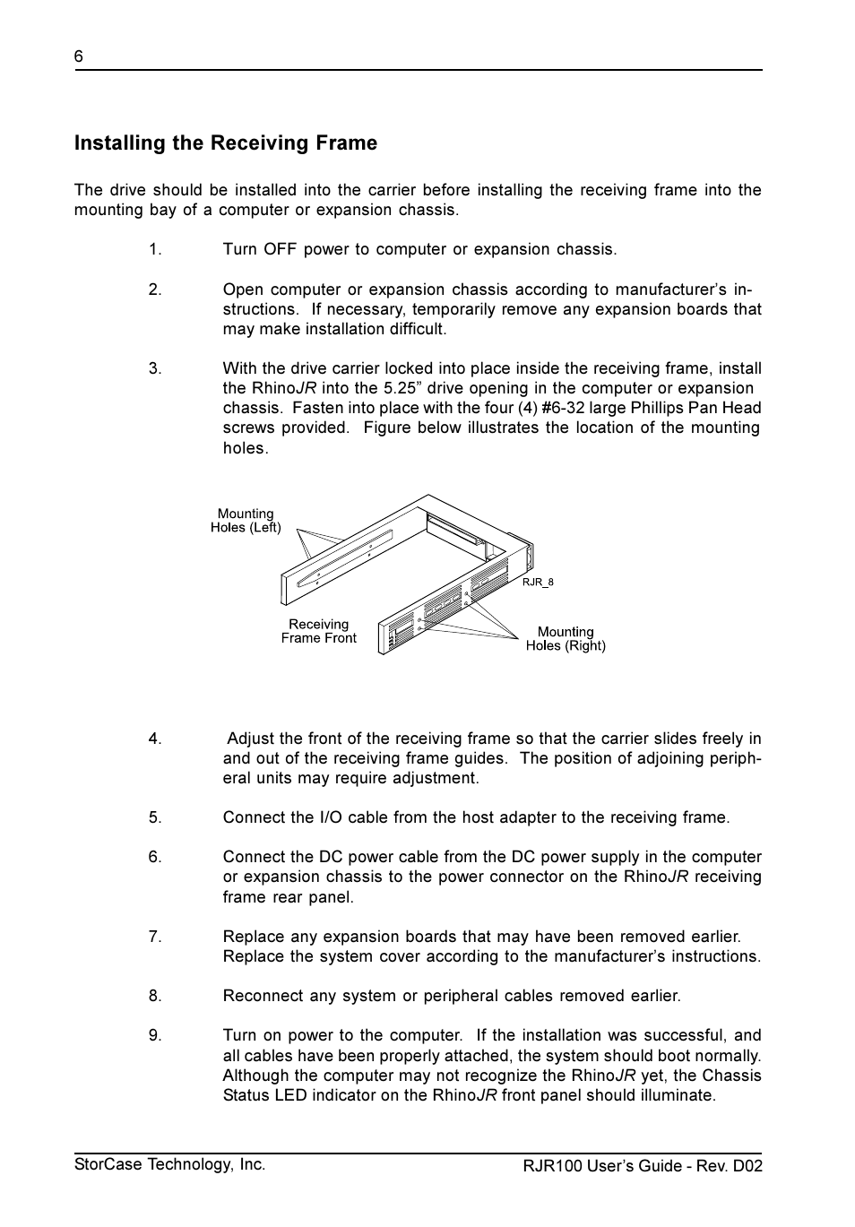 Installing the receiving frame | StorCase Technology RJR100 User Manual | Page 7 / 11