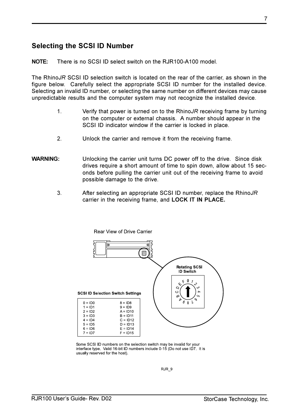 Selecting the scsi id number | StorCase Technology RJR100 User Manual | Page 8 / 11