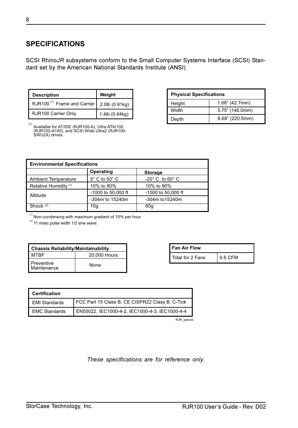 Specifications | StorCase Technology RJR100 User Manual | Page 9 / 11