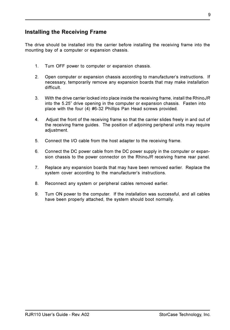 Installing the receiving frame | StorCase Technology RJR110 User Manual | Page 10 / 11