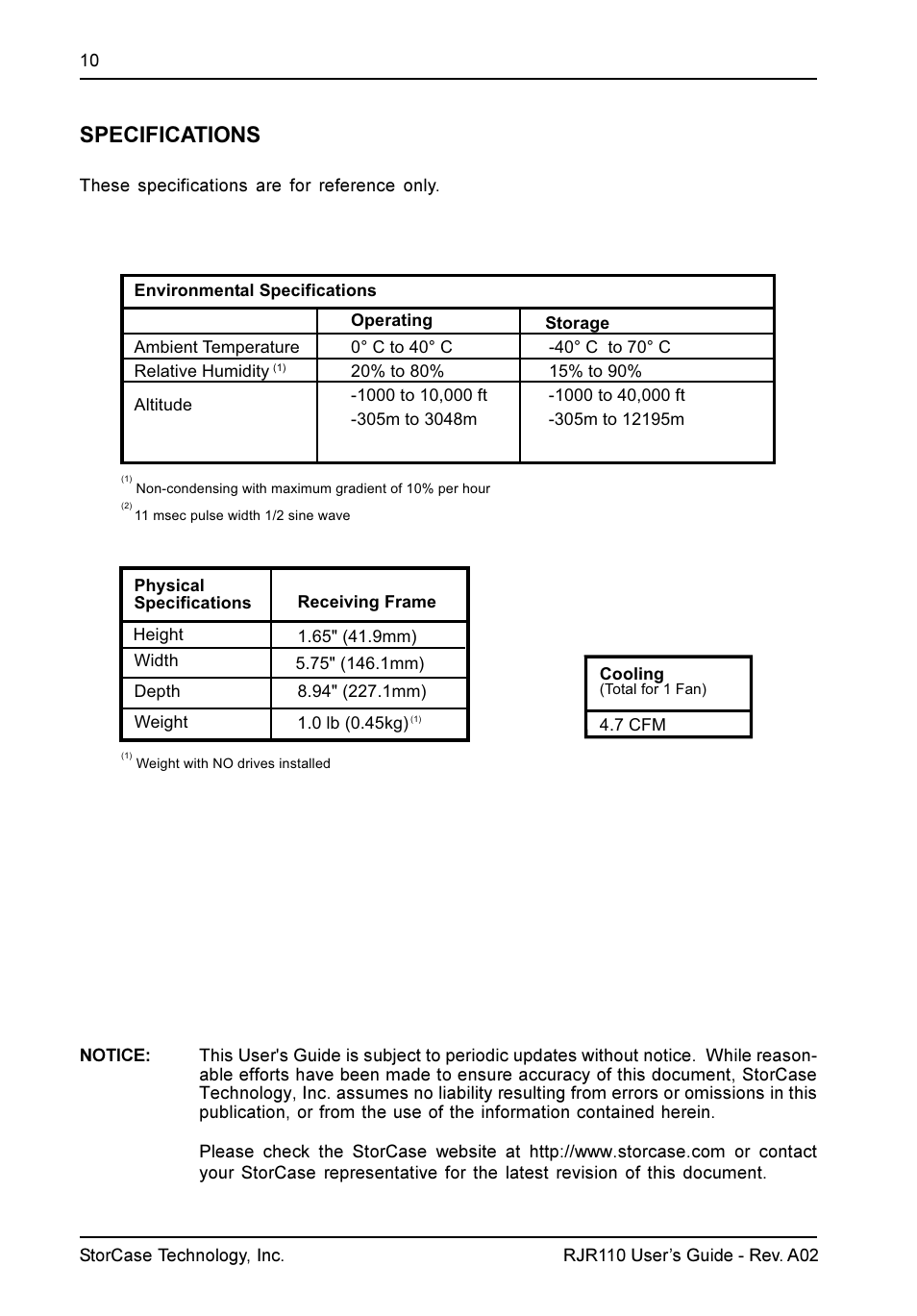Specifications | StorCase Technology RJR110 User Manual | Page 11 / 11