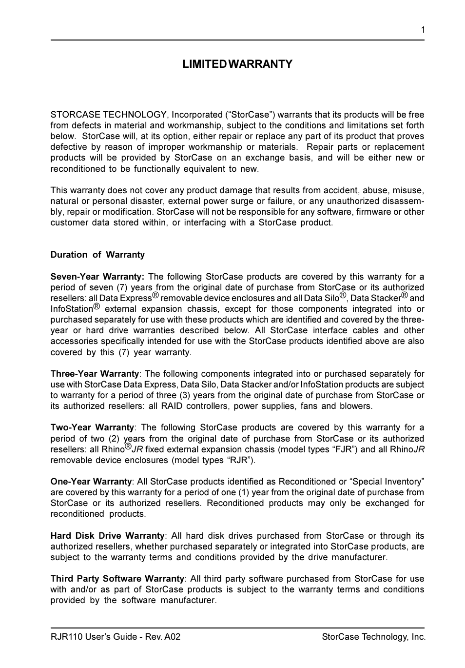 Limited warranty | StorCase Technology RJR110 User Manual | Page 2 / 11