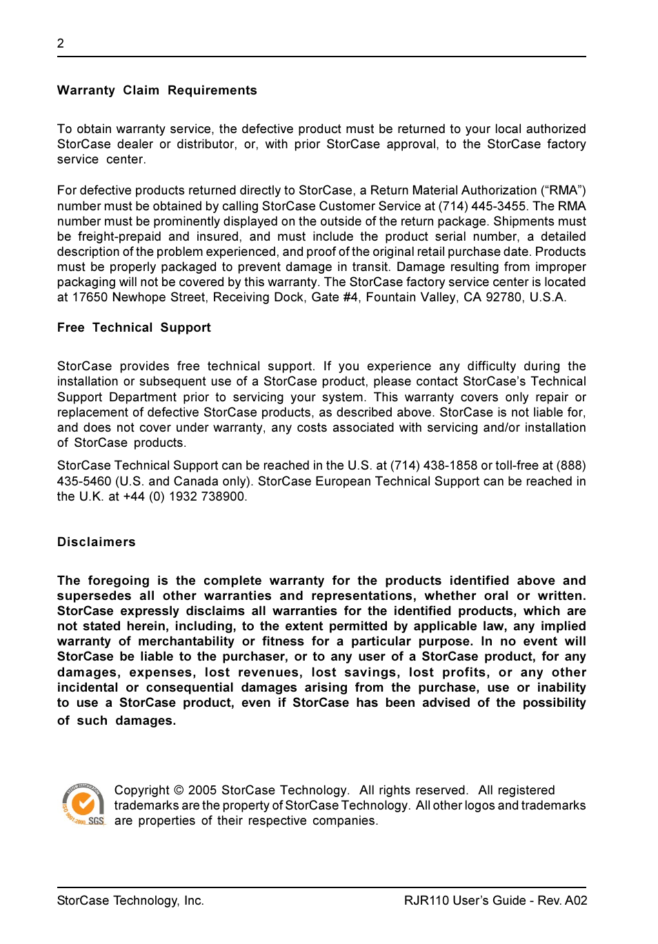 StorCase Technology RJR110 User Manual | Page 3 / 11