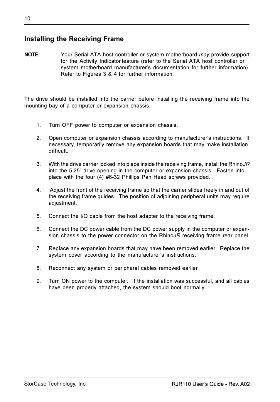 Installing the receiving frame | StorCase Technology RJR110 User Manual | Page 11 / 12