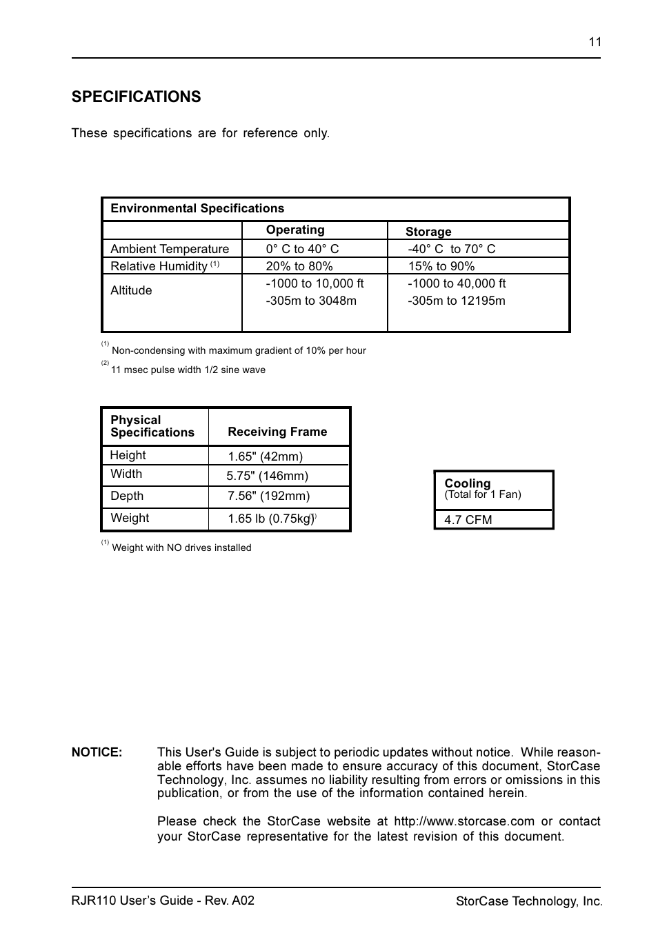 Specifications | StorCase Technology RJR110 User Manual | Page 12 / 12