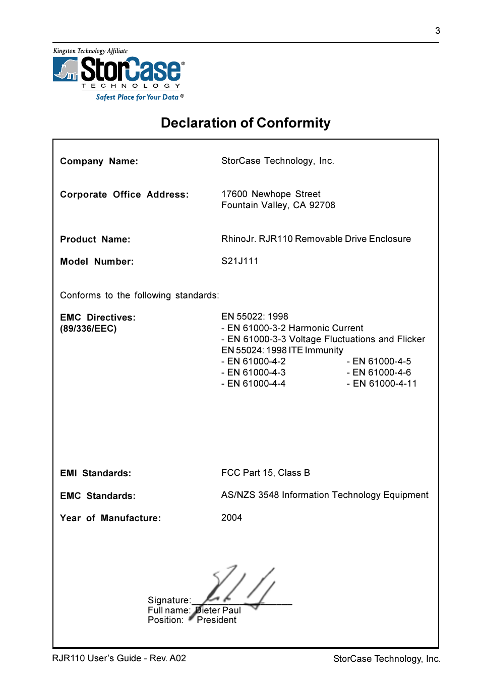 Declaration of conformity | StorCase Technology RJR110 User Manual | Page 4 / 12