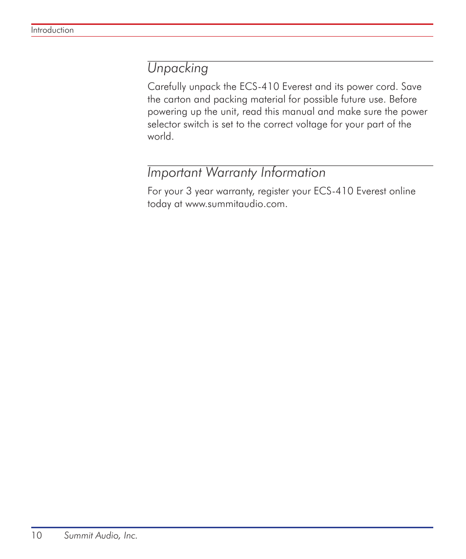 Unpacking, Important warranty information | Summit Audio ECS-410 Everest Channel Strip User Manual | Page 10 / 52