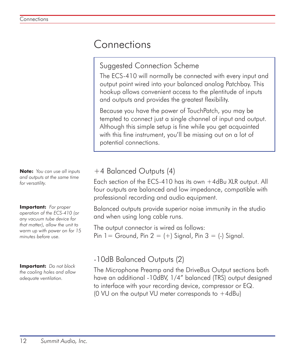 Connections | Summit Audio ECS-410 Everest Channel Strip User Manual | Page 12 / 52