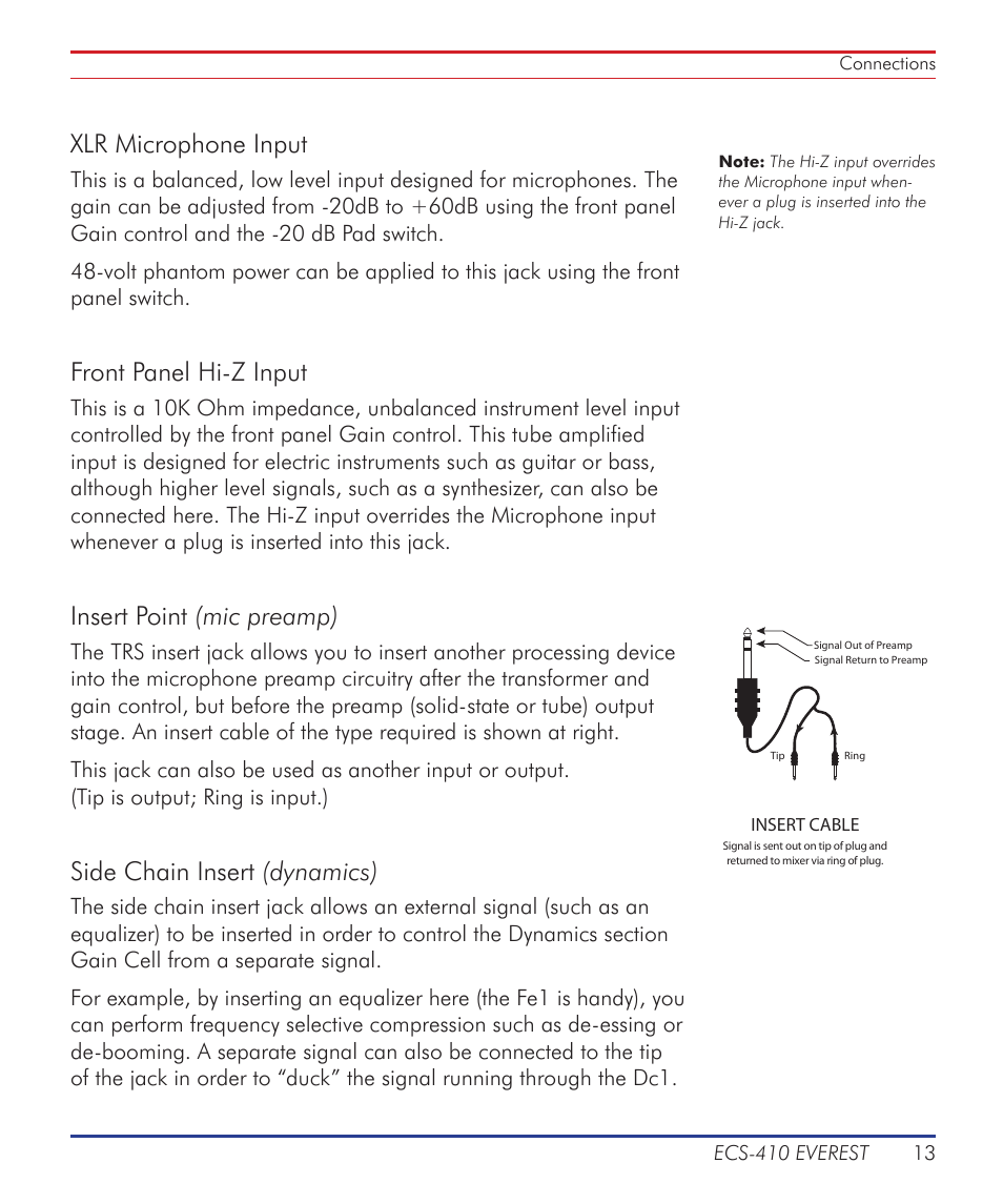 Xlr microphone input, Front panel hi-z input, Insert point (mic preamp) | Side chain insert (dynamics) | Summit Audio ECS-410 Everest Channel Strip User Manual | Page 13 / 52