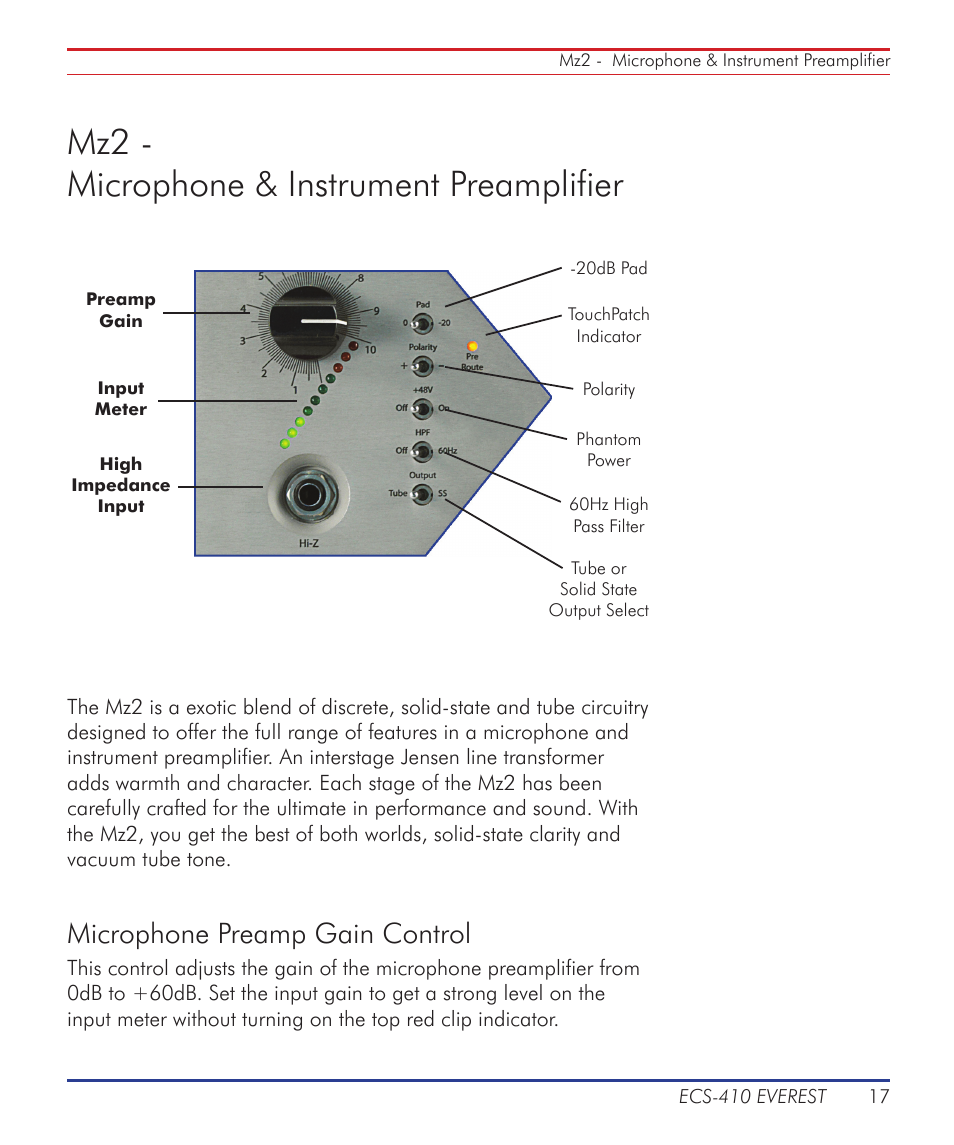 Mz2 - microphone & instrument preamplifier, Microphone preamp gain control | Summit Audio ECS-410 Everest Channel Strip User Manual | Page 17 / 52